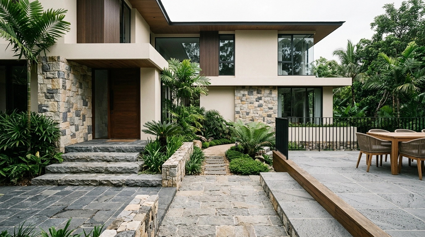 House entrance with stone-clad walls, wide stone steps up to the door and a stone-paved forecourt with a stone kerb