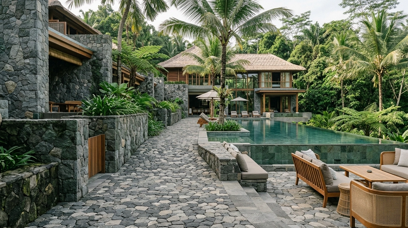 Resort terrace laid in irregular grey stone paving, with stacked stone retaining walls, an infinity pool and loungers beside it