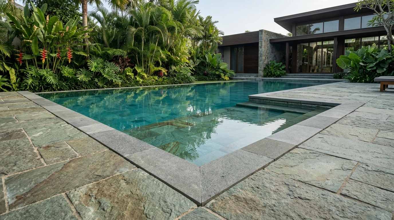 Swimming pool with a dressed stone coping, stone paving laid around the deck, and a stone-faced pool house behind the planting