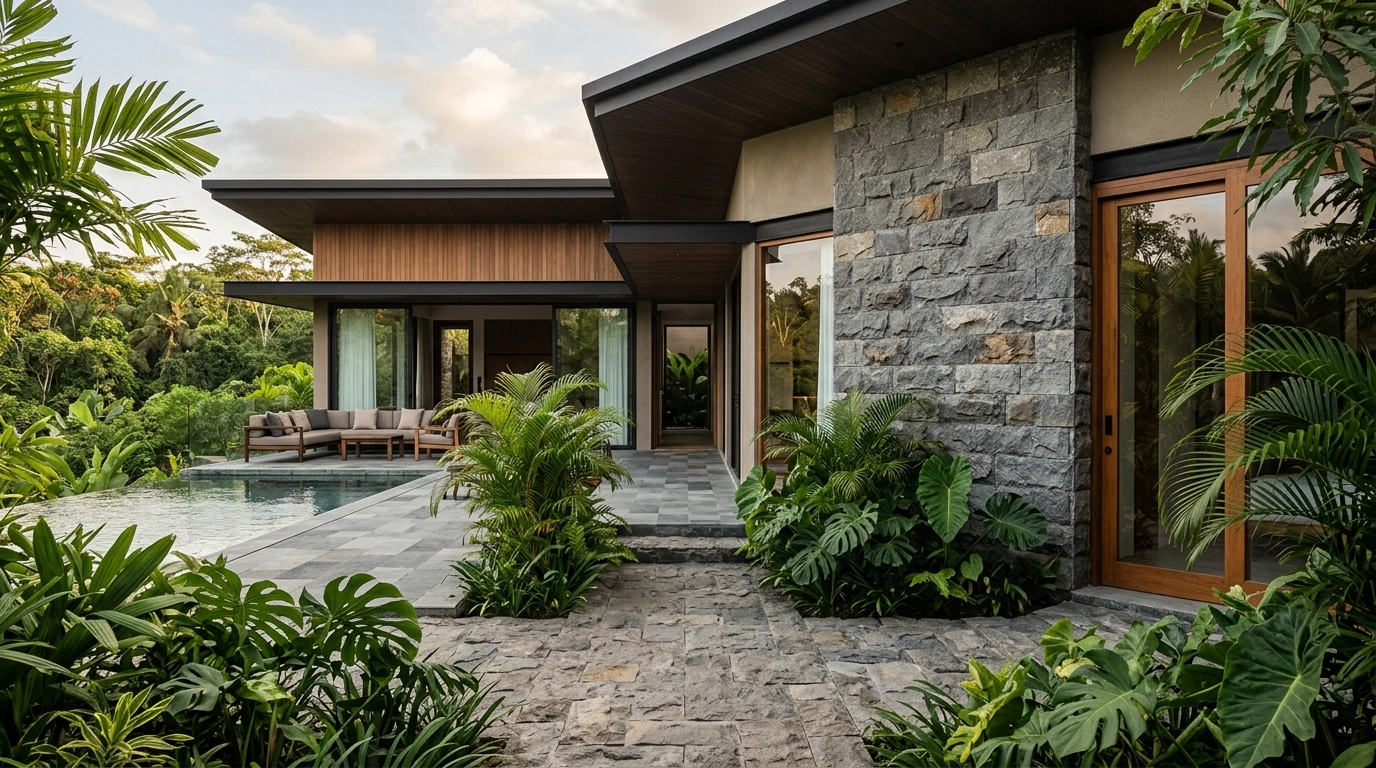 Villa with split-face stone cladding and wide overhanging eaves, a stone-paved garden walk and a lap pool along the terrace
