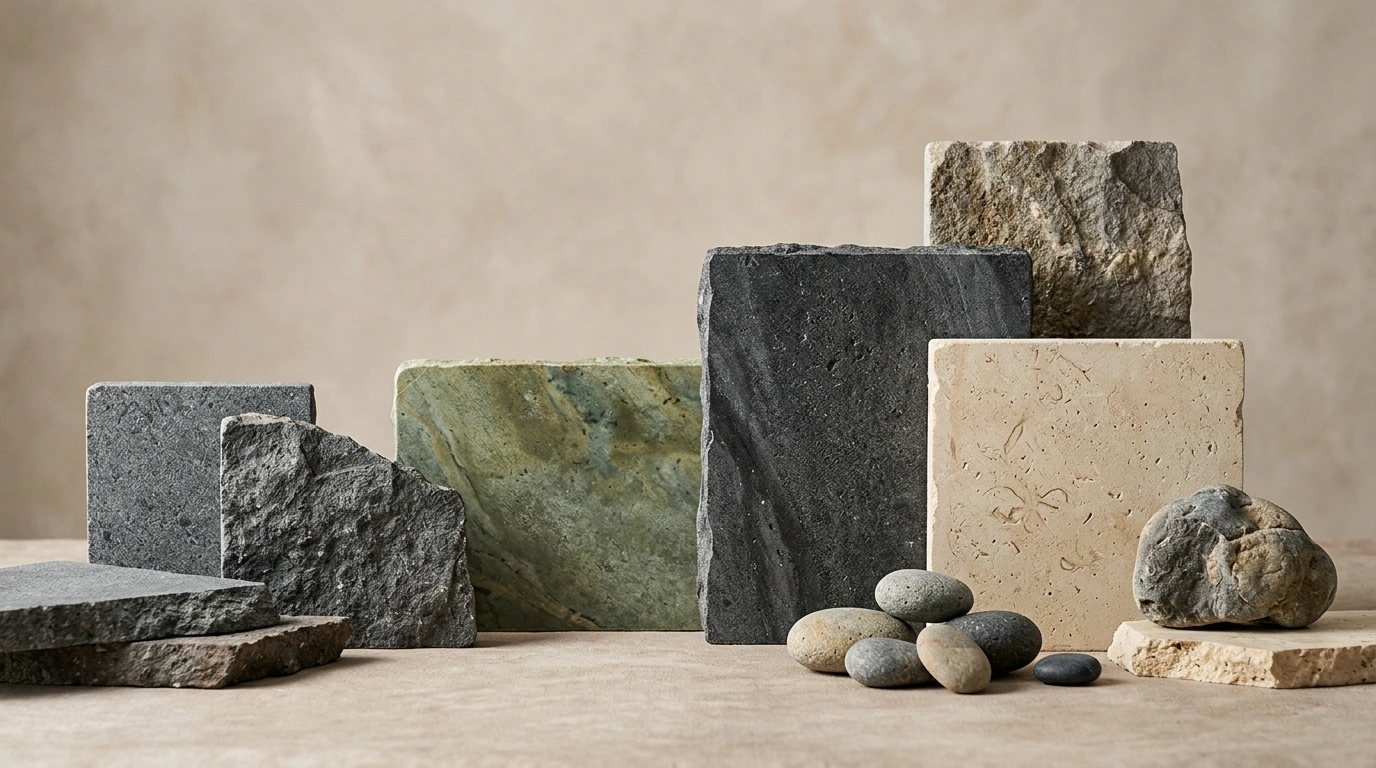 The six stones side by side on a neutral surface: grey and dark volcanic slabs, green stone, two pale stones and a heap of graded pebbles